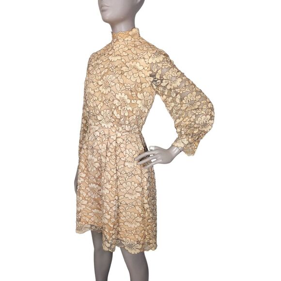 Vintage 60s Beige Gold Floral Lace Scalloped Edge Balloon Sleeve Mini Dress - Picture 4 of 14